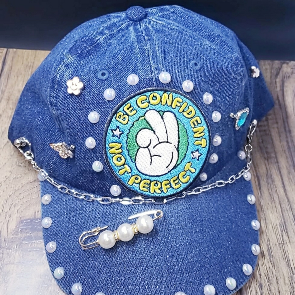 Embellished Blue Denim Cap with Pearls and Chain